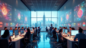 Modern financial office with professionals analyzing global investment data on large screens, overlooking New York City skyline.
